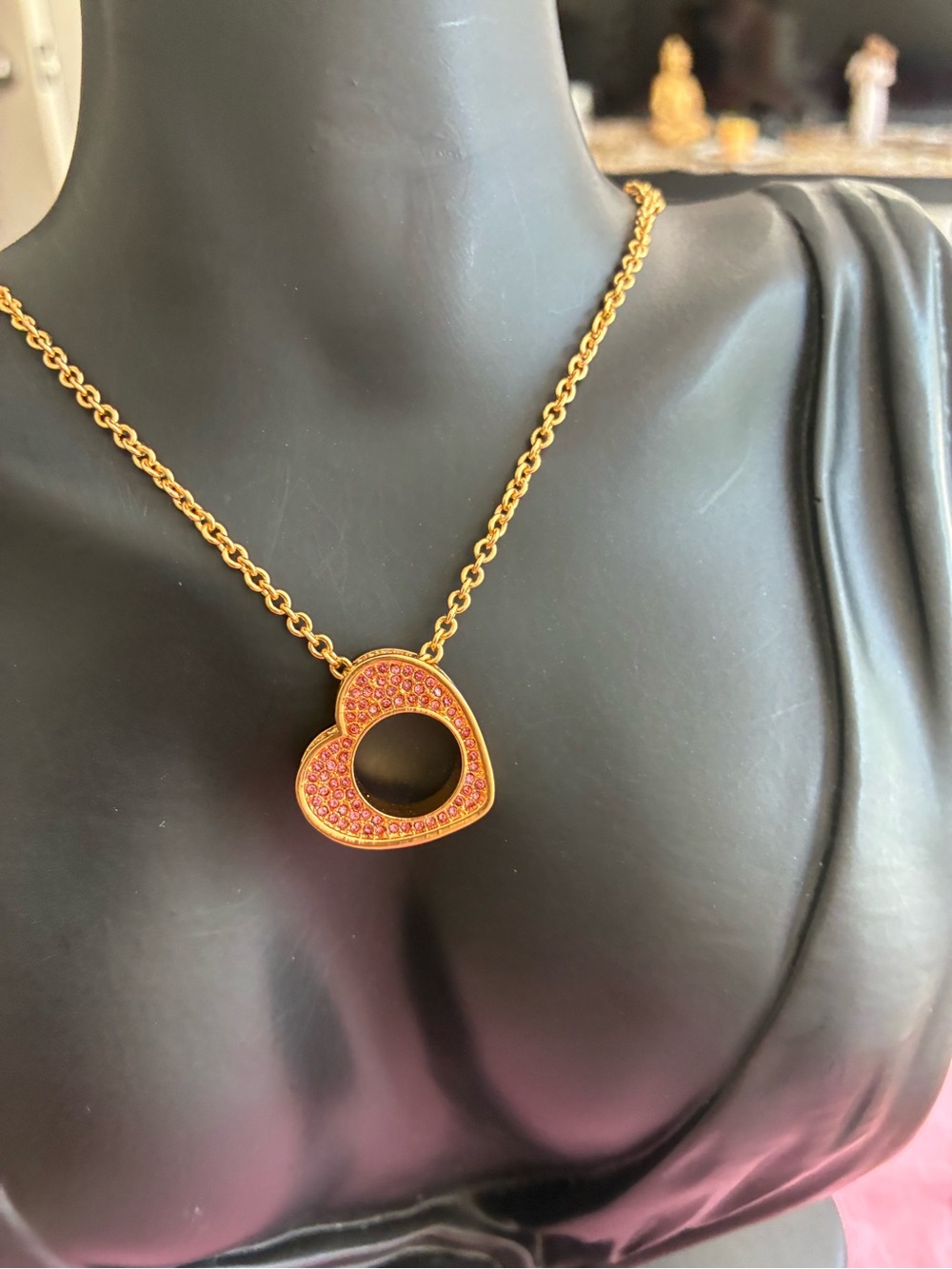 Kurt Geiger Gold Heart Pendant Necklace with Pink Stones